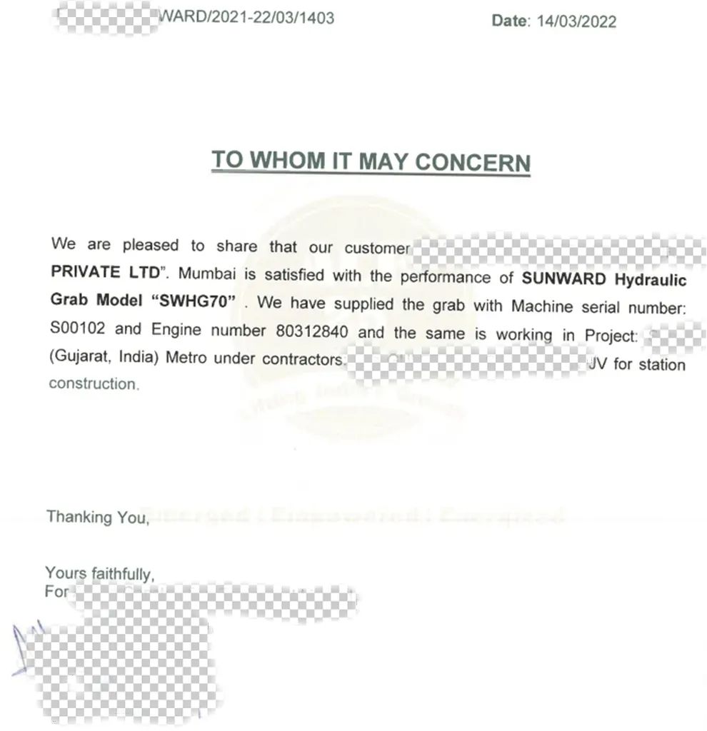 感谢信！UED在线官网网页版(中国)唯一官方网站智能SWHG70液压抓斗助力海外基础施工获肯定